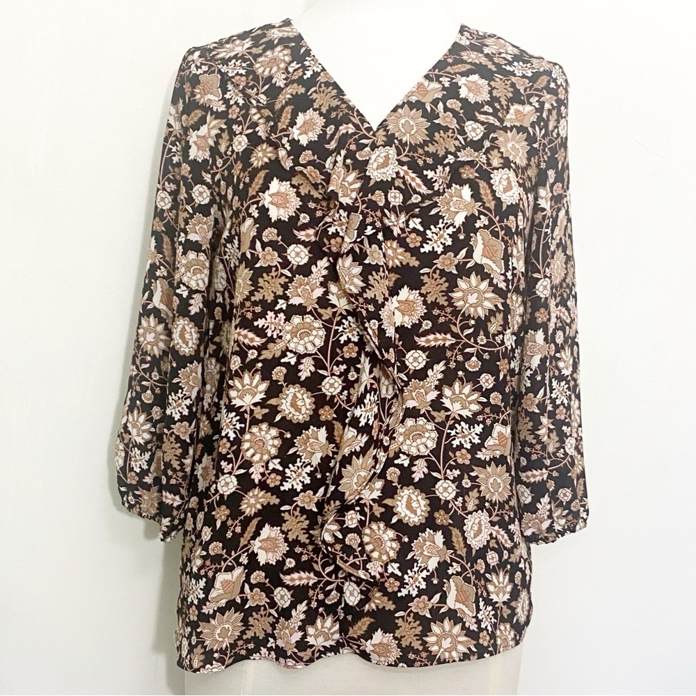 Roz & Ali Floral Print Women's Ruffle Front Puff Sleeve Semi Sheer Top Blouse S